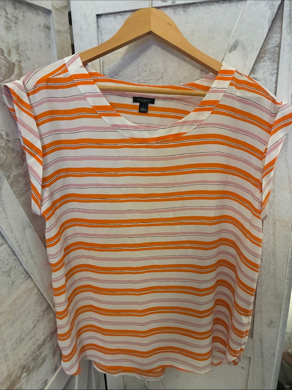 Ann Taylor Striped Cap-Sleeve Top in Cream, Orange and Pink